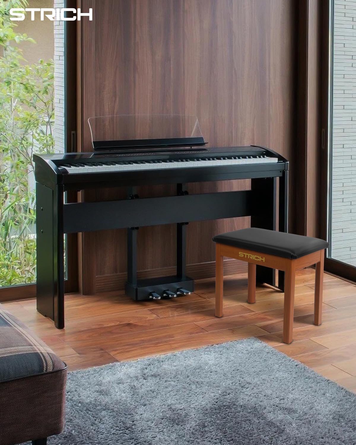 STRICH Banc de piano avec rangement, banc de clavier en bois massif, bibliothèque de piano, tabouret de chaise avec coussin rembourré, couleur acajou