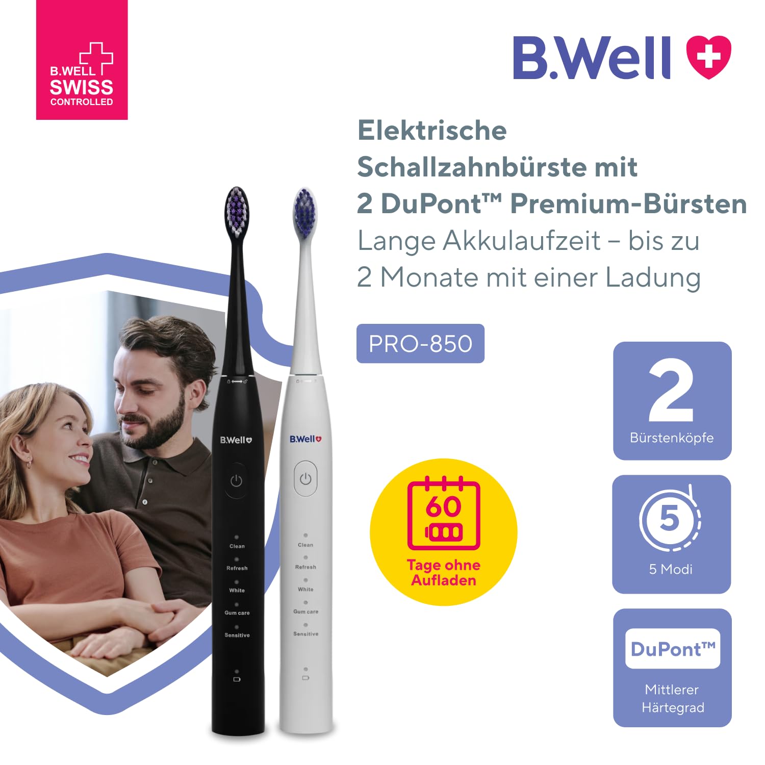 B.Well Swiss Elektrische Schallzahnbürste PRO-850, Zahnbürste mit 5 Betriebsmodi, 2 Monaten Akkulaufzeit und Timer, Inkl. 2 verschiedenfarbiger Bürstenköpfe mit DuPont-Premium-Borsten, Schwarz