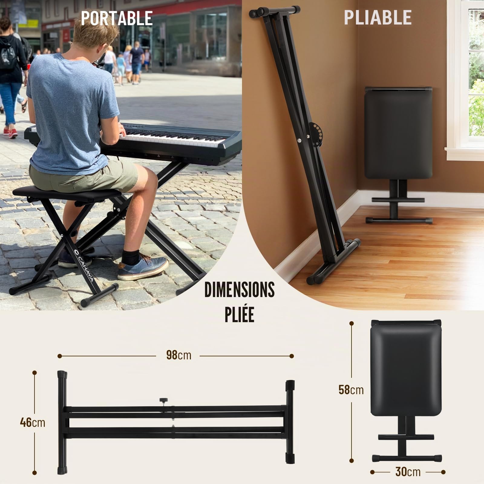 CAHAYA Support de clavier et banc de clavier - 6 niveaux réglables en hauteur - Double X-Frame - Pour clavier de 61, 76 et 88 touches - Charge maximale : 168 kg - Noir