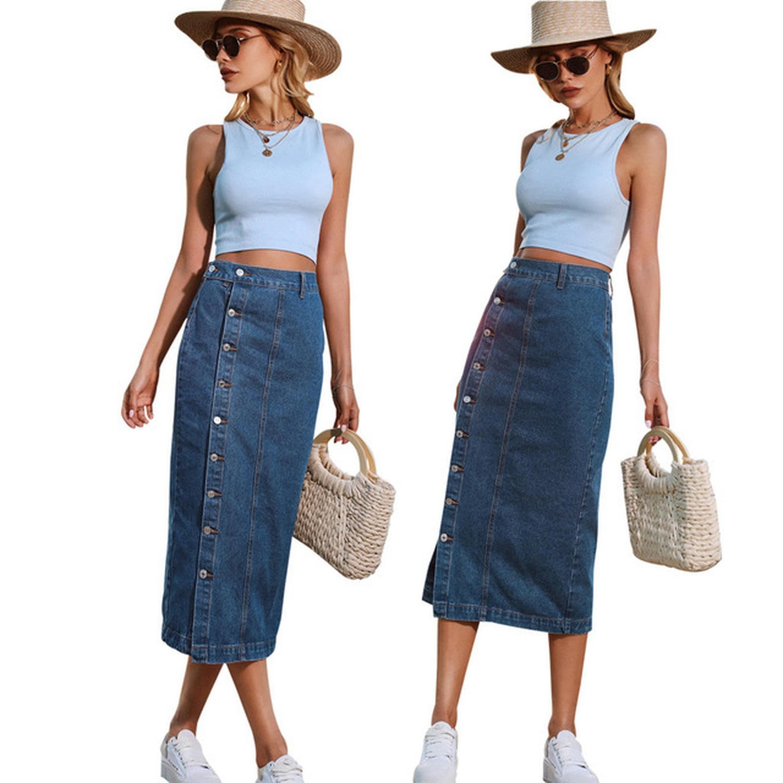 Falda Vaquera Femenina Informal con Botones, Pantalones para niñas, Ropa de Calle para Mujer, Faldas Midi de Jean para mujer-4-S