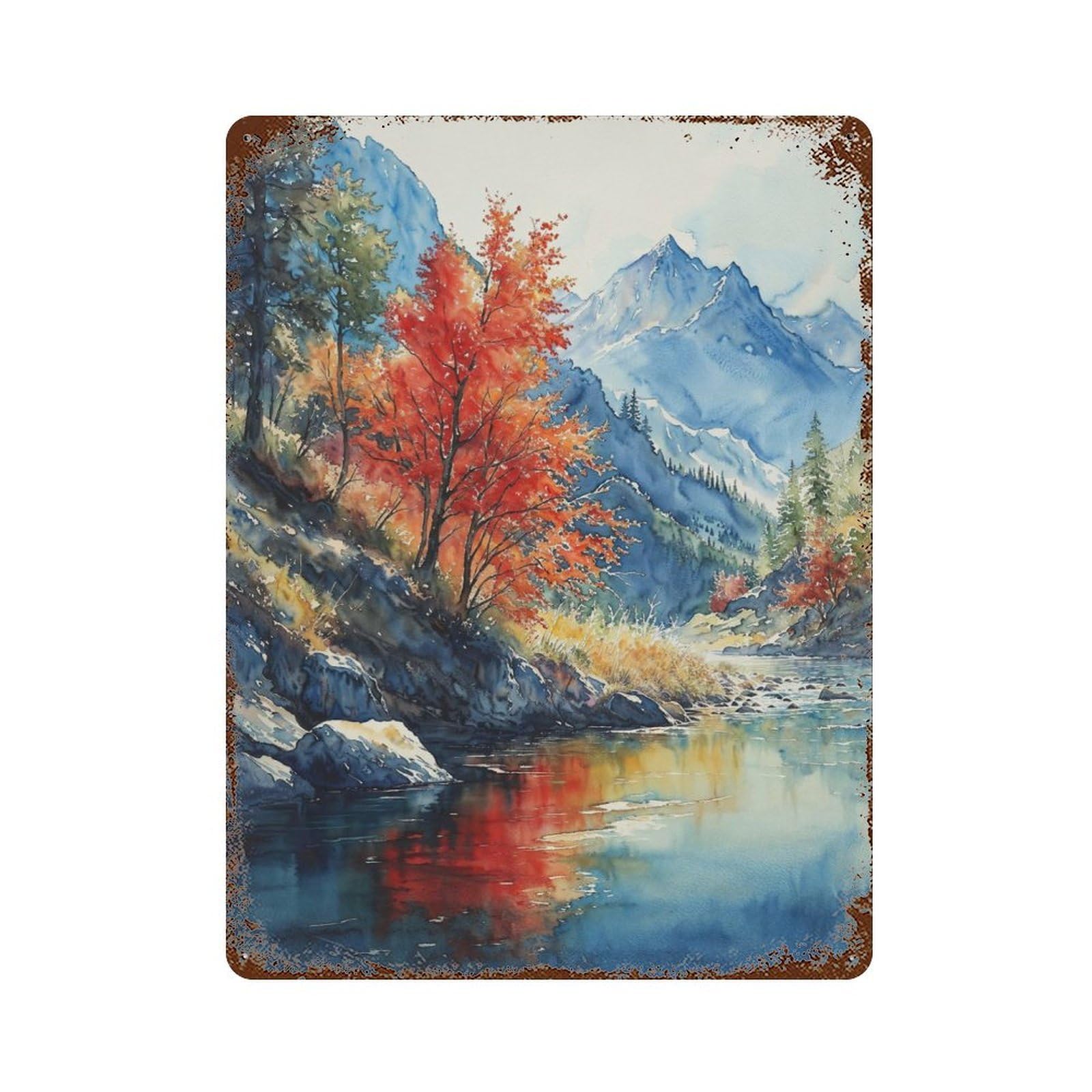 Autumn River Majesty Rusty Metal Tin Sign 15.7"x11.8", for Basement, Hobby Room And Garage Decor, Retro Wall Decor