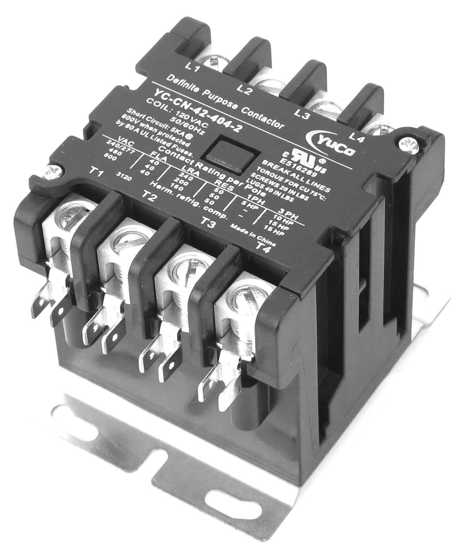 Yuco YC-CN-42-404-2 4-Pole 40-Amp Definite Purpose Contactor 120V Coil fits Siemens Furnas 42CF25AF
