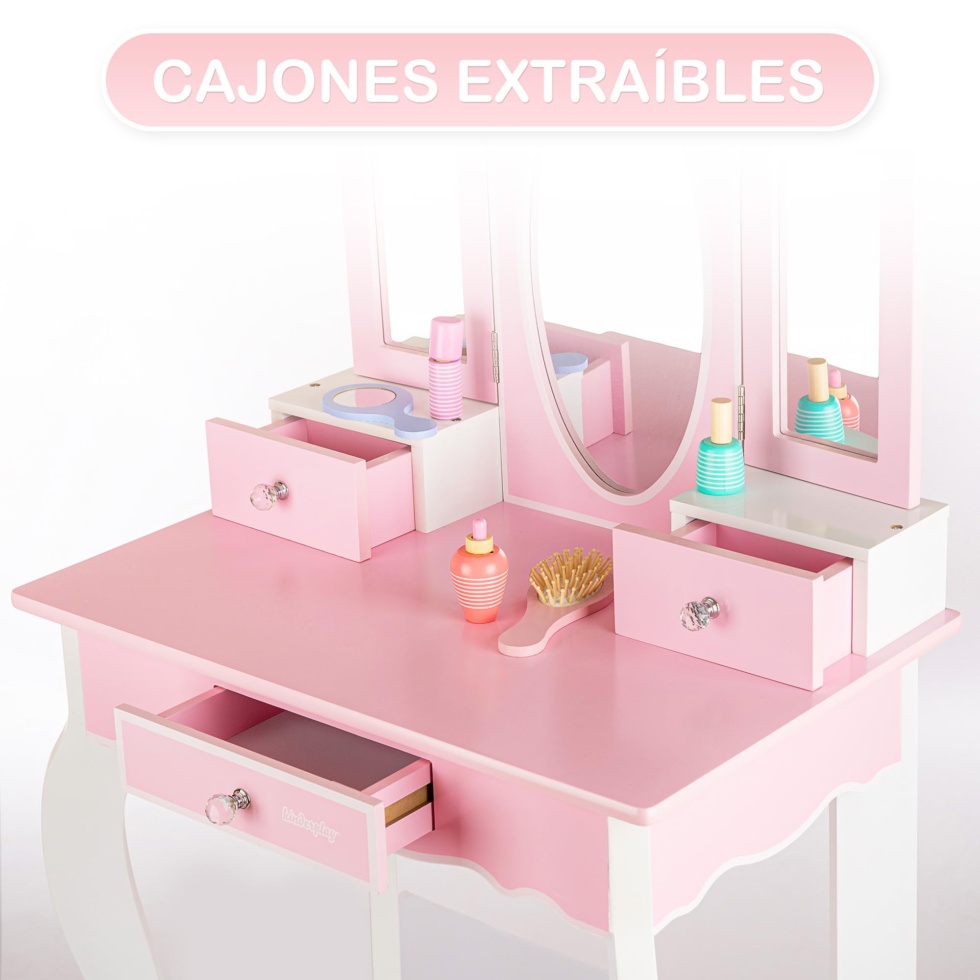 Green series Tocador Infantil de Madera con Espejo y Accesorios - Mesa Maquillaje Niña con Cajones - Juguete Educativo para Niñas 3 y 6 Años - Tocador Rosa GS3300