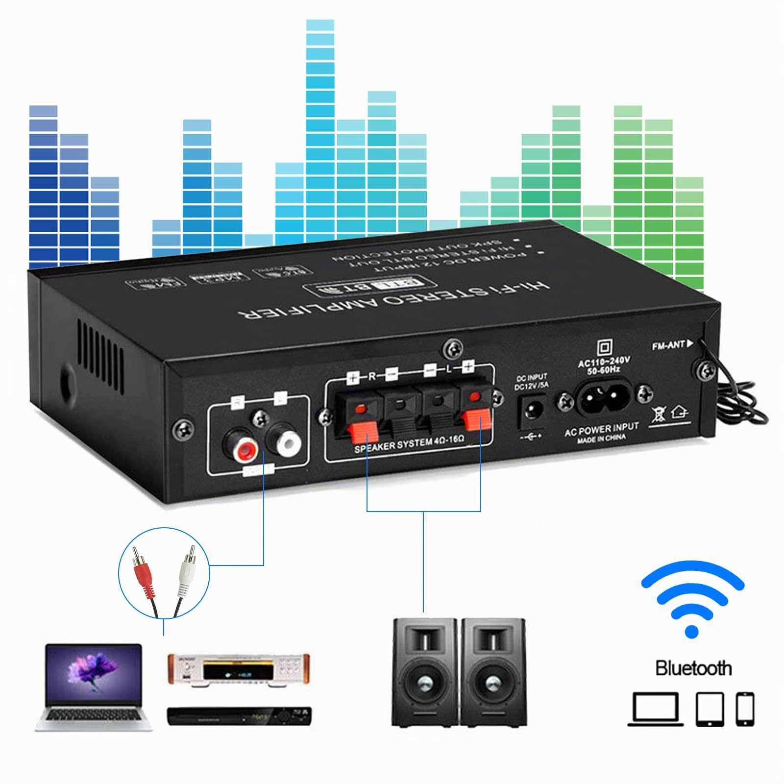 Amplificatore audio AK45, amplificatore stereo, amplificatore Bluetooth 5.0 HIFI con telecomando per auto e casa con ingresso MIC/SD/USB, radio FM