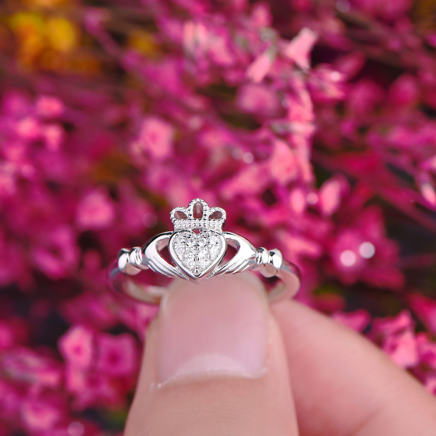 JO WISDOM 925 Sterling Silver Cubic Zirconia Rose Gold Claddagh Heart Promise Rings for Her,birthstone rings for Women