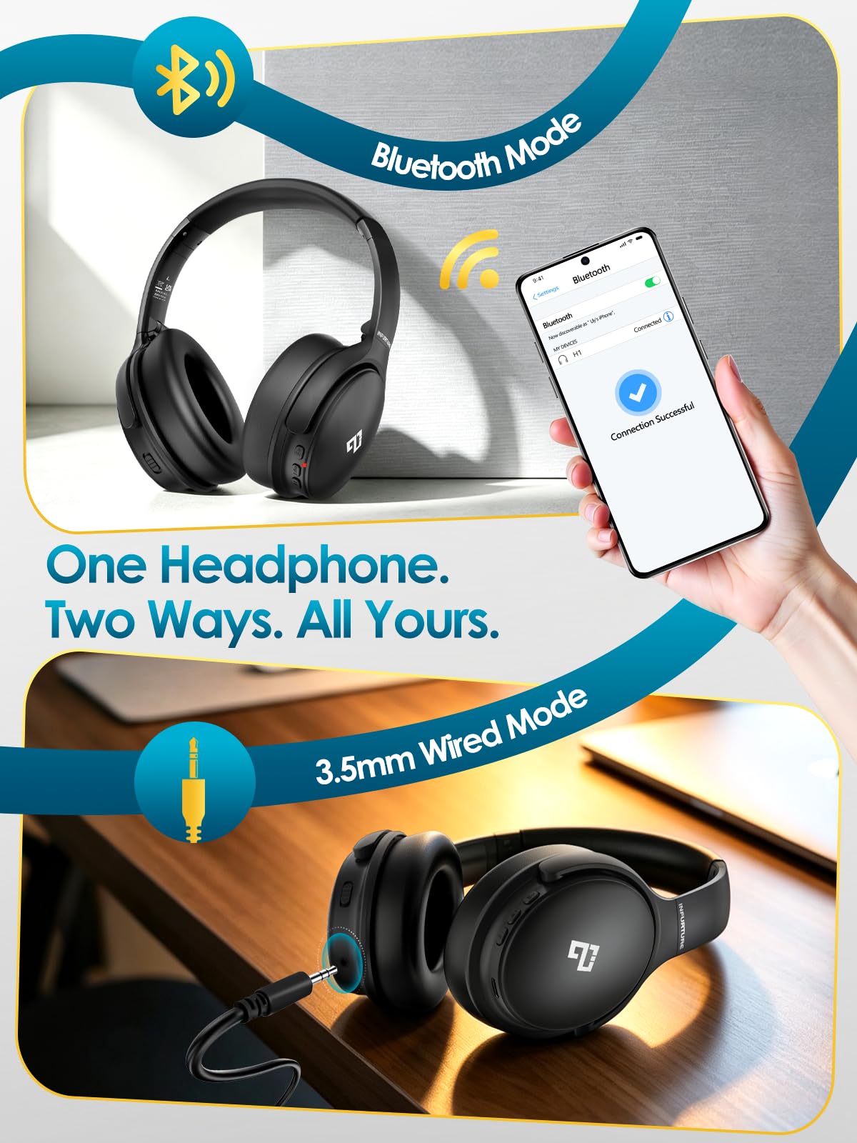 INFURTURE Over Ear Headphones Active Noise Cancelling Headphones, H1 Wireless Bluetooth Headset, Deep Bass Headset, Low Latency, 90H Playtime, Foldable Headphone for Sport Running Cool Gadgets Gift — Amazon image 5