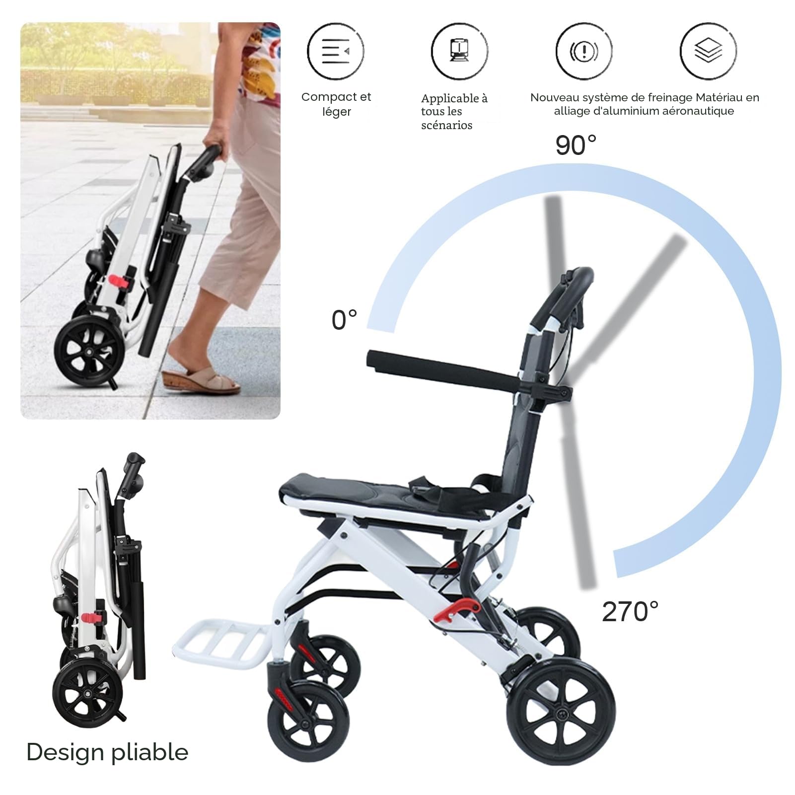 Fauteuil roulant pliant pour adultes, chaise de voyage portable légère avec conception ergonomique, sangle de sécurité réglable, cadre en aluminium et roues en PU pour une conduite en d