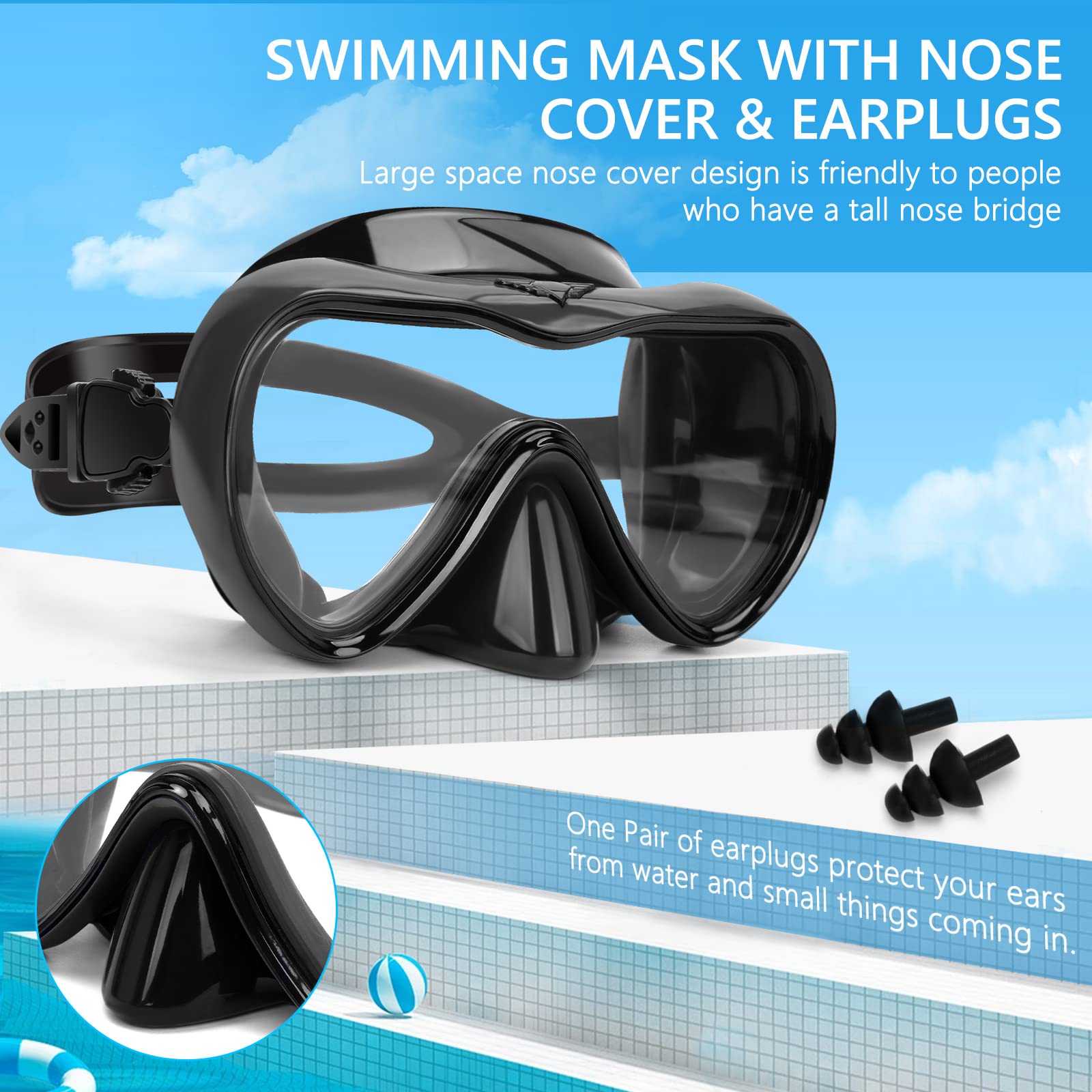 Gafas de natación, gafas de buceo antivaho con cubierta para la nariz, máscara de buceo de silicona antifugas para adultos, máscara de natación de vidrio templado HD de 180 grados para esnórquel con