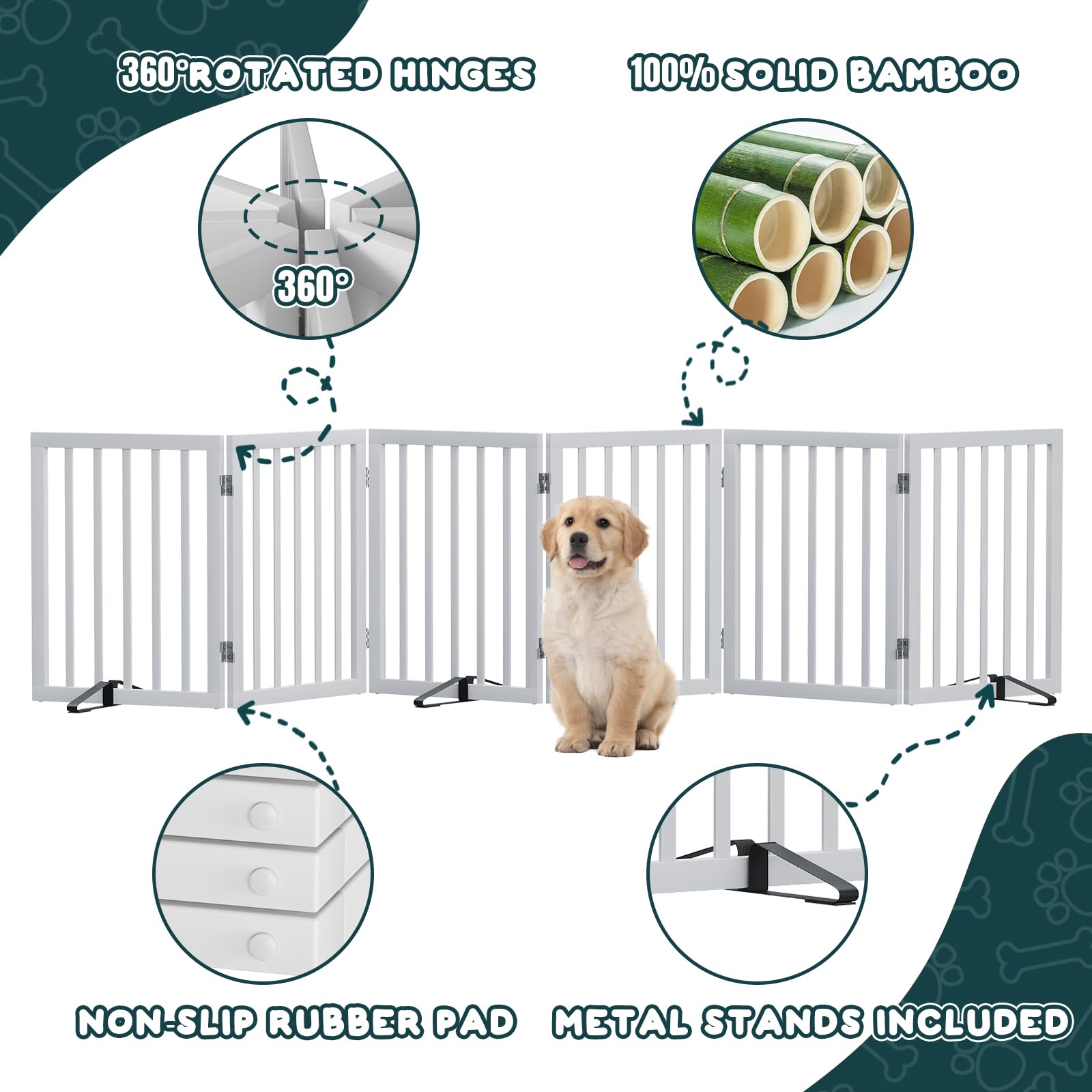 Semiocthome Puertas de madera para perros para la casa extra anchas, puertas independientes de 6 paneles para mascotas con 4 soportes de metal para puertas y escaleras, vallas plegables para perros de