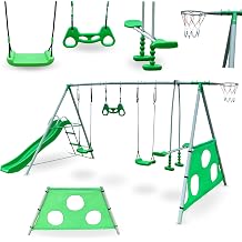 HyperMotion Children's Swing Outdoor Playground Set with Slide Swing Basketball Hoop & Football Wall - Garden Play Tower for 6 Children from 3 Years Green