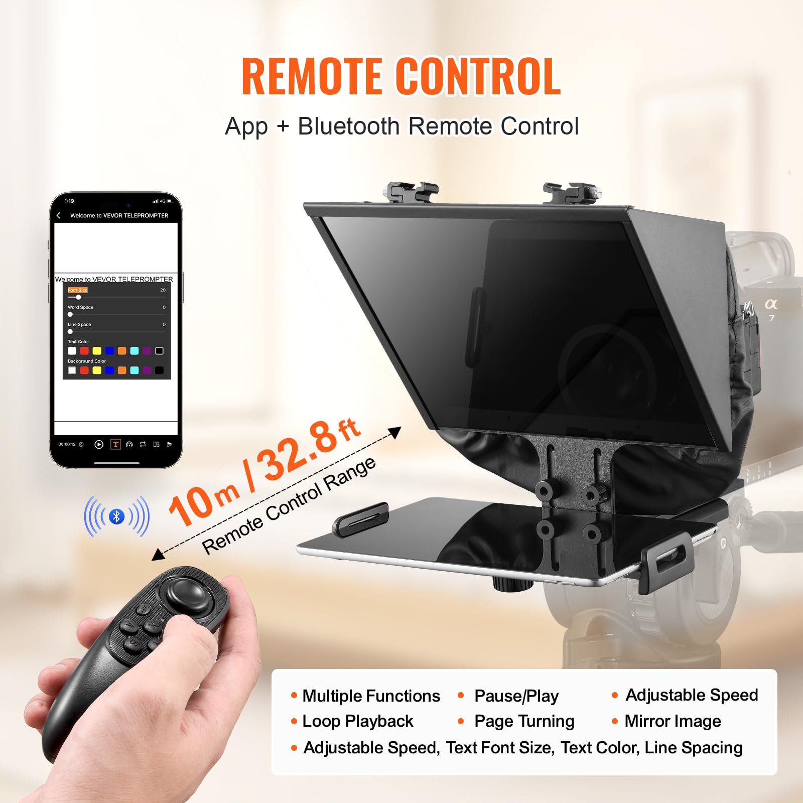 VEVOR Teleprompter, 33,02cm Alu, Bodentyp mit einstellbarem Winkelspektroskop, Fernbedienung, für YouTube, Twitch, Zoom, unterstützt DSLR/Webcam/Smartphone, für Videoaufzeichnung/Live-Streaming