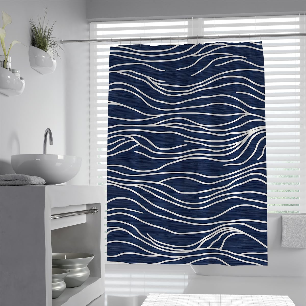 UIRINGART Nordic Ocean Waves Shower Curtain W180xL200cm Modern Abstract Geometric Pattern Mildew Resistant Washable Home Hotel Bathroom Screen With Hook