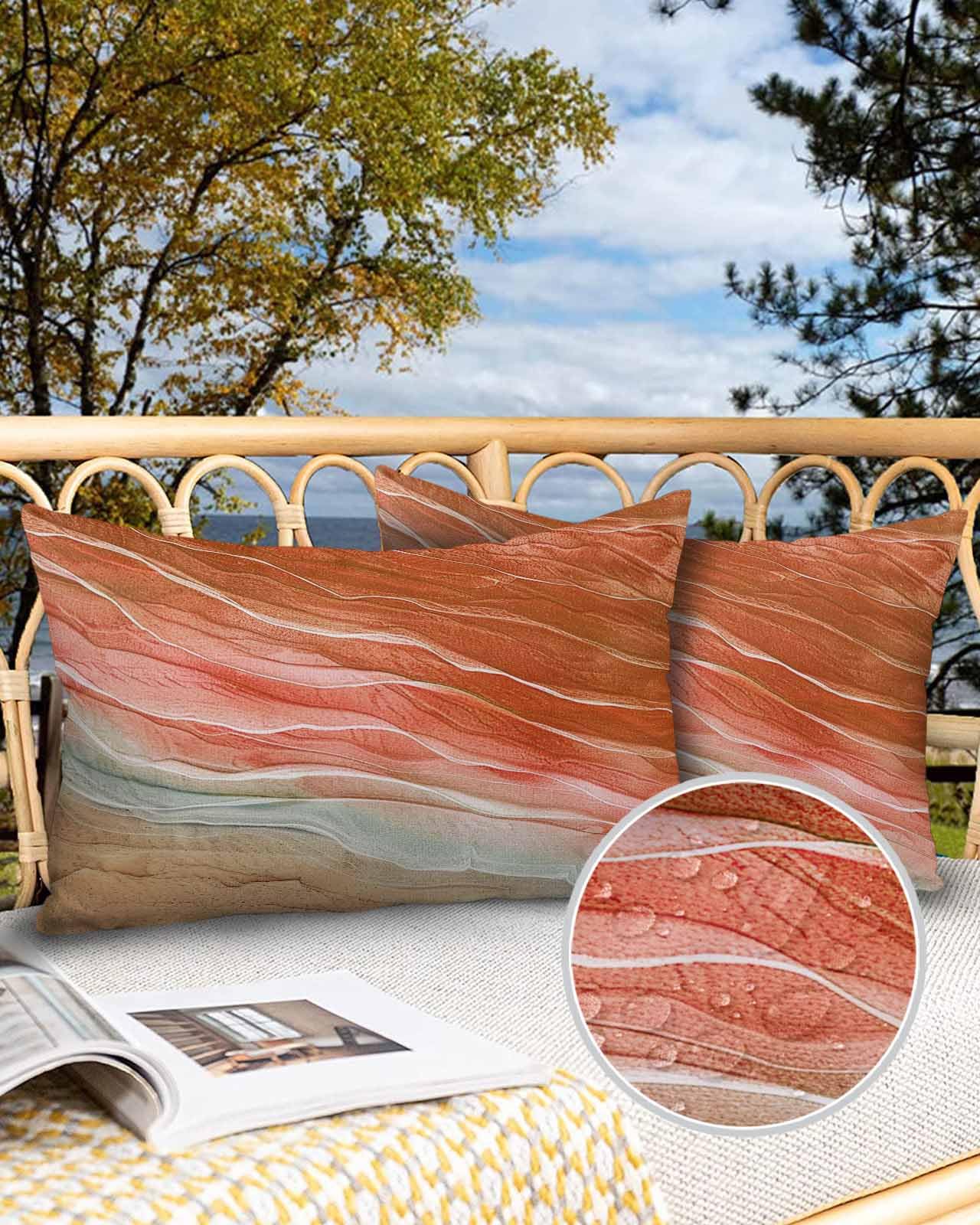 OComster Outdoor Pillow Covers Waterproof, Orange Ombre Summer Beach Throw Pillowcase Decorative Cover, Coastal Nautical Wave Lumbar Pillow Covers Set of 2 for Sofa, Couch, Tent, Patio 20