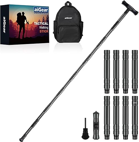 Miniatura 1 de aiGear G2 Tactical Stick Hiking Walking Staff - Trekking Poles Outdoor Adjustable Hiking Stick for Camping Hiking 5-8 Tubeswith Multitool