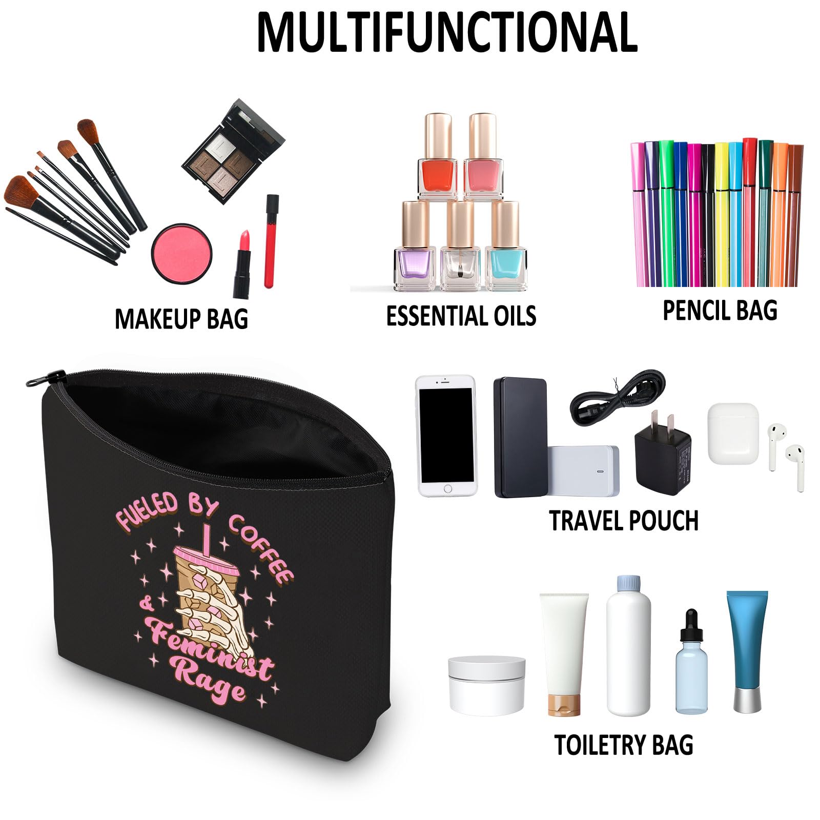 G2TUP Feminist Gift Fueled By Coffee And Feminist Rage Makeup Bag Feminism Cosmetic Bag Smash The Patriarchy Merch ()