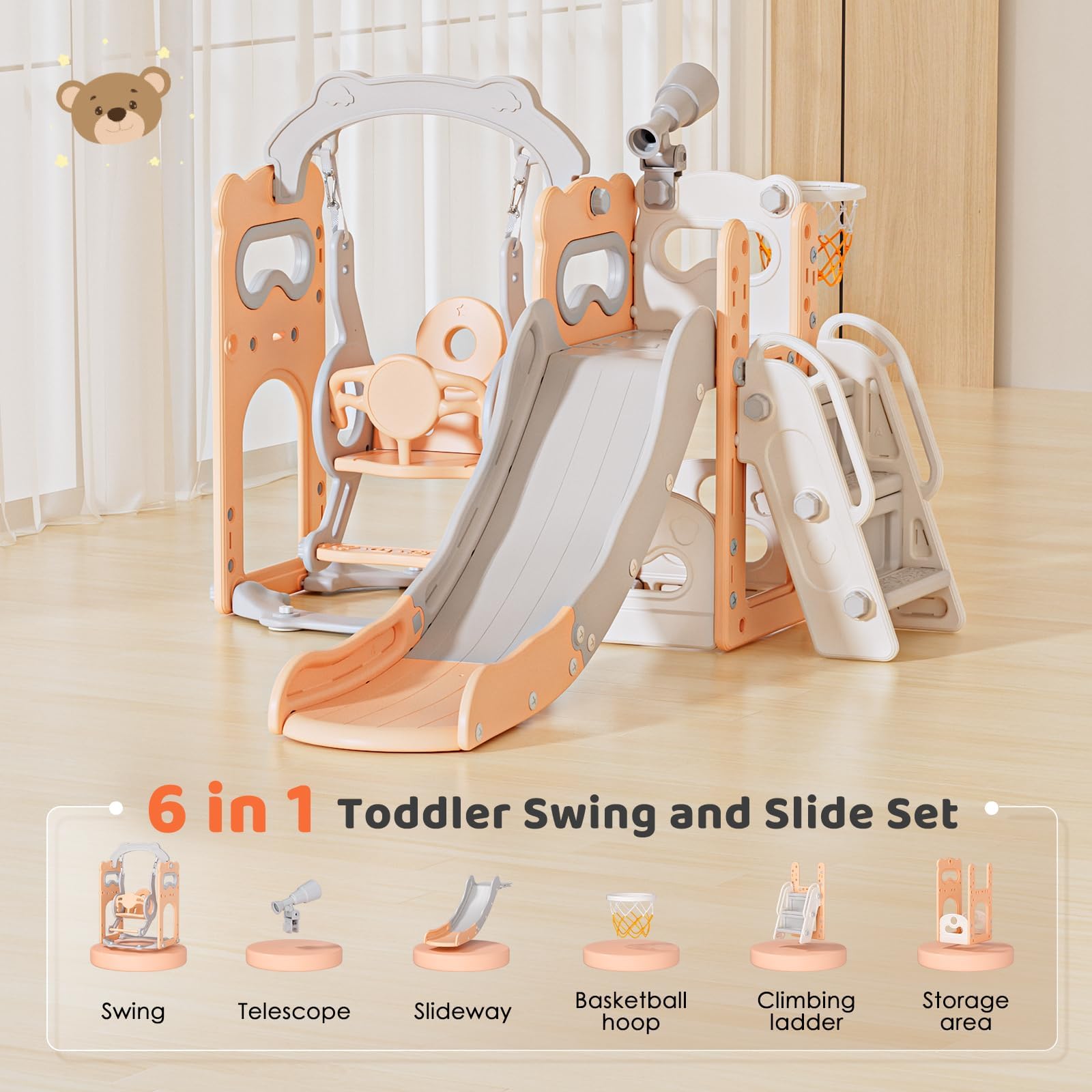 Scivolo per bambini, scivolo per bambini piccoli indipendente con canestro da basket, attrezzatura per parco giochi con scivolo per bambini, scivoli per bambini all'aperto (Beige Rosa- 6 in 1)