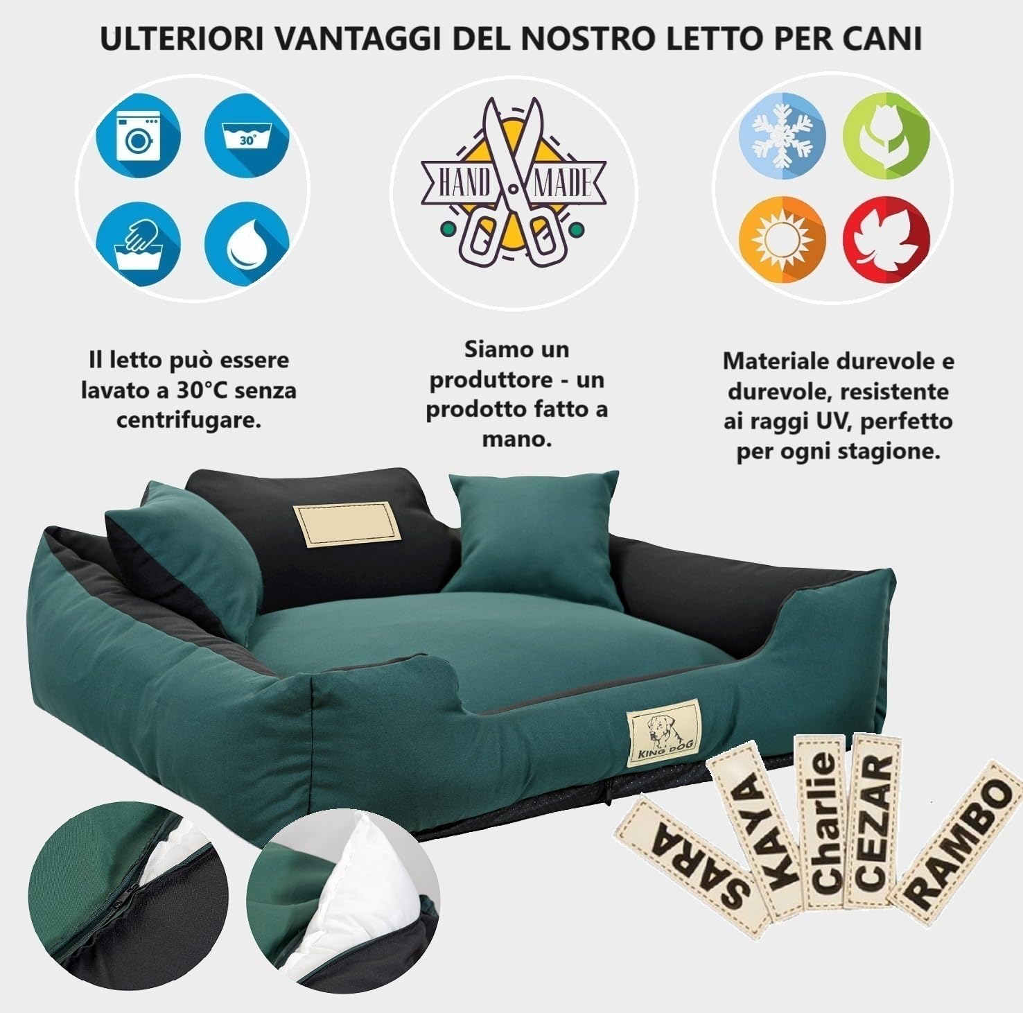 Letto per Cani Medio Taglia M 75x65 cm | Personalizzazione - Nome del Cane | Copertura Rimovibile e Lavabile | Divano per Cani Adatto al Lavaggio | Base antiscivolo | Cuccia Cane Interno Verde