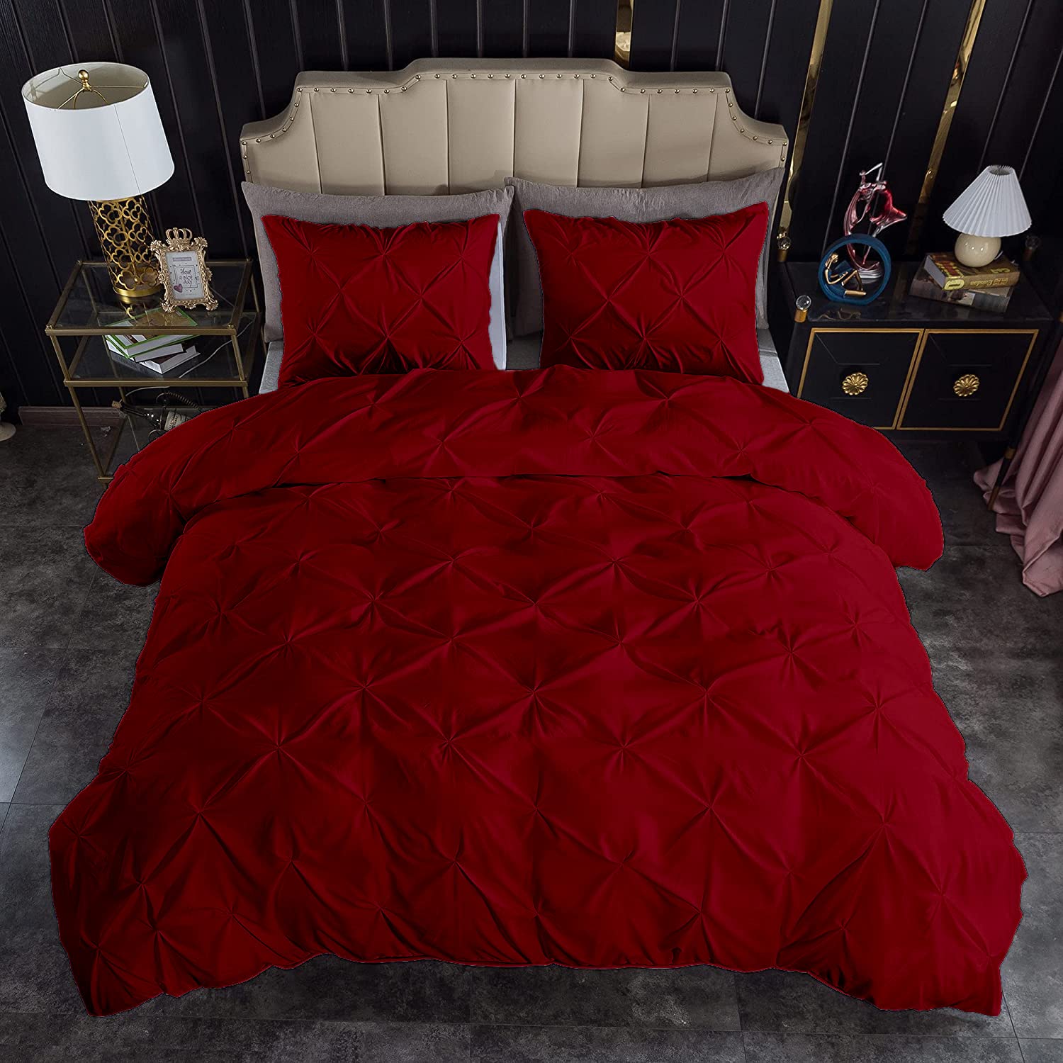 Pinch Pleated 3 Piece Duvet Cover Set 100% Egyptian Cotton 1000 Thread Count with Zipper & Corner Ties Rectangle Pattern Decorative Pintuck Pillow Shams (Full/Full XL 88x88, Burgundys)