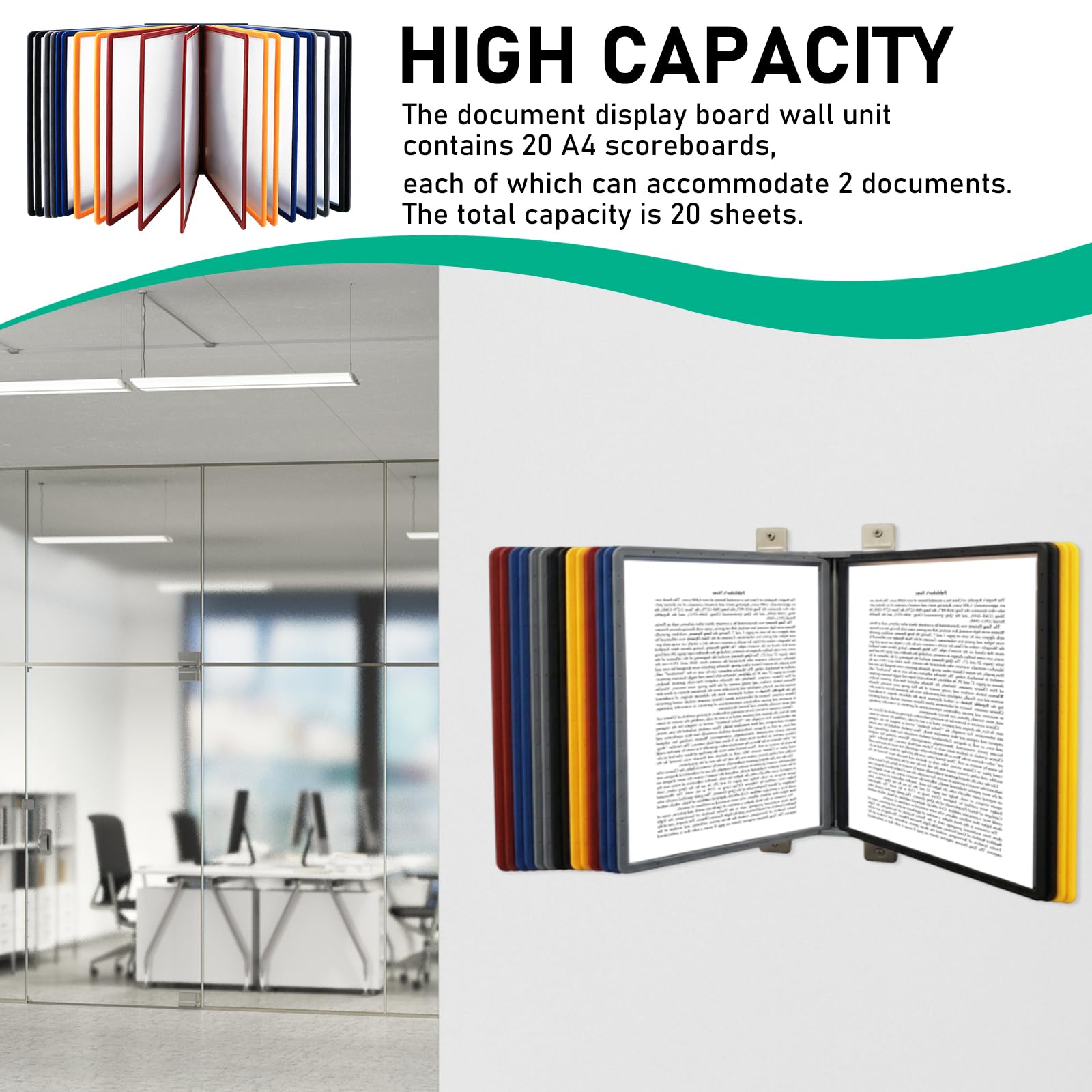 APACALI 1 sistema de pizarra de pared con 20 paneles A4, sistema de pizarra multicolor A4, soporte para documentos de pared, para salas de exposiciones, restaurantes, lugares públicos