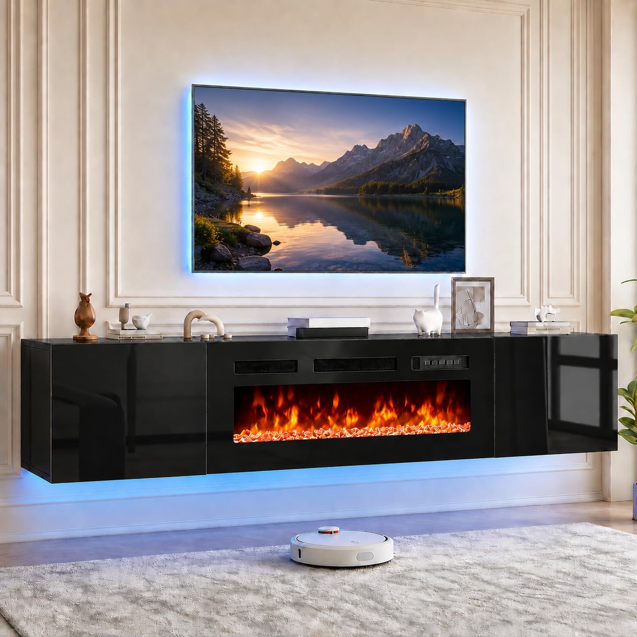Photo 1 of **missing partsOneBlis 80'' Floating TV Stand with 40" Electric Fireplace, Wall Mounted Entertainment Center with Storage for TVs up to 90", Adjustable 12-Color LED Lights Media TV Console for Living Room