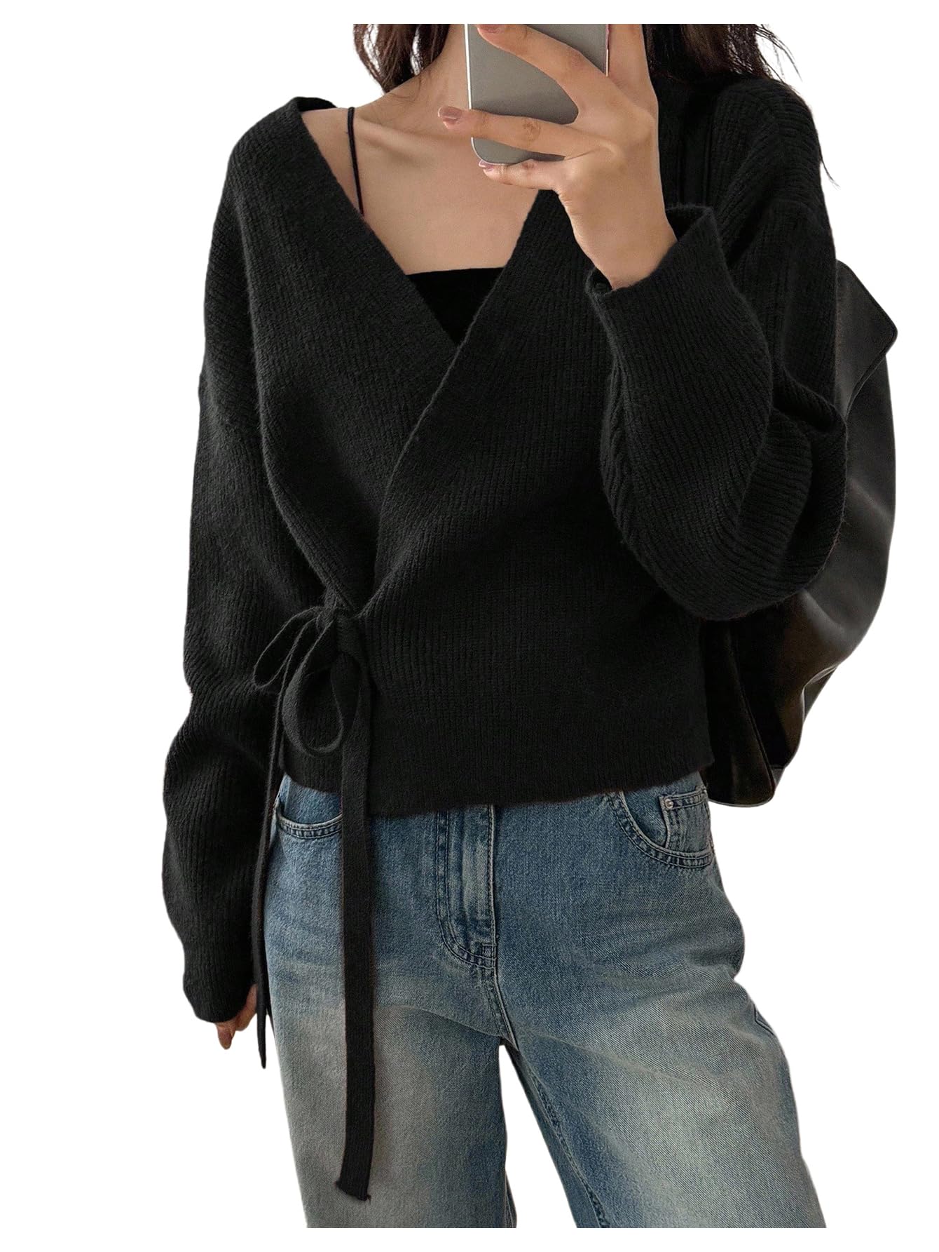 GORGLITTER Womens Wrap Cardigan Sweaters Long Sleeve Tie Drop Shoulder Trendy Knit Cardigan Outfits Old Money Clothes Black