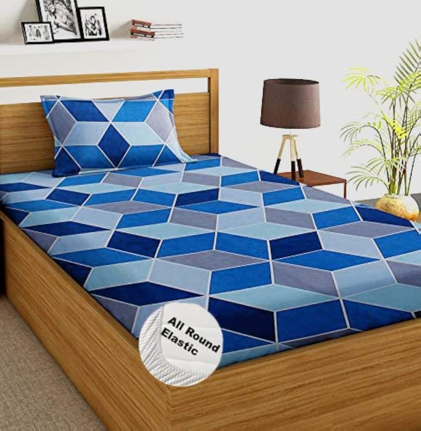 DECOMIZER Cotton 300 TC Feel All Around Elastic Fitted Glace Printed Single Bed Bedsheet With 1 Large Pillow Cover Fits Upto Mattress Of 6 Inches,Size - 42 X 75 X 8 Inches, Design - Blue Rectangle