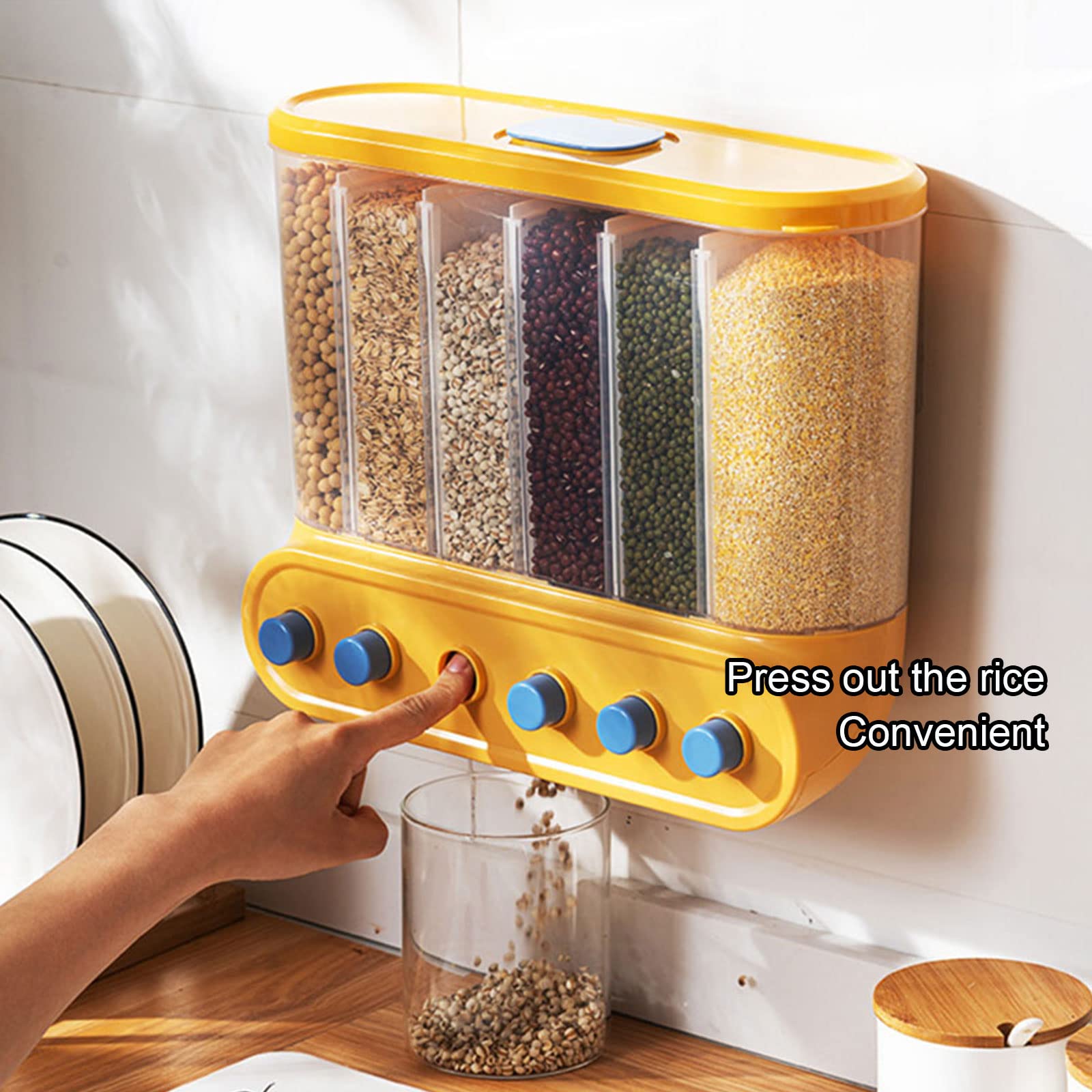 Dispenser per alimenti secchi a parete, contenitore per cereali sigillato da cucina, scatola per alimenti multi scomparto, per riso, fagioli, mais, 4 gruppi, Blu (Blue 4groups) vision