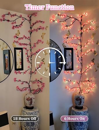 DIY Cherry Blossom Lights,4FT 48 LED Cherry Blossom Tree Branch Light,8 Modes Light Up Pink Wall Decorations for Bedroom,Christmas,Dimmable Vines with Flower Fairy Lights,Remote,Timer,Xmas Gifts [Energy Class A]