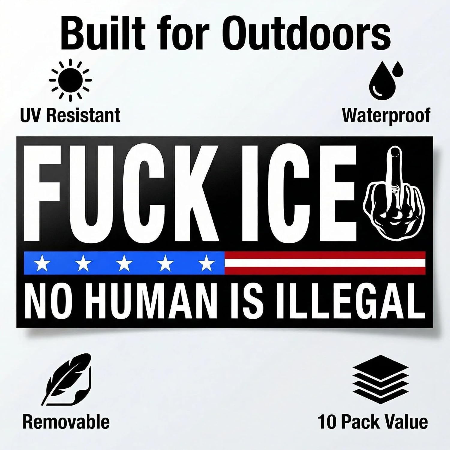 10 PCS Fuck ICE No Human is Illegal Bumper Stickers - Abolish ICE American Flag Trending Quotes Vinyl Decals - 7.5x3.75 Inch Waterproof Car Stickers for Trucks, Cars, RV, Fridge image 2
