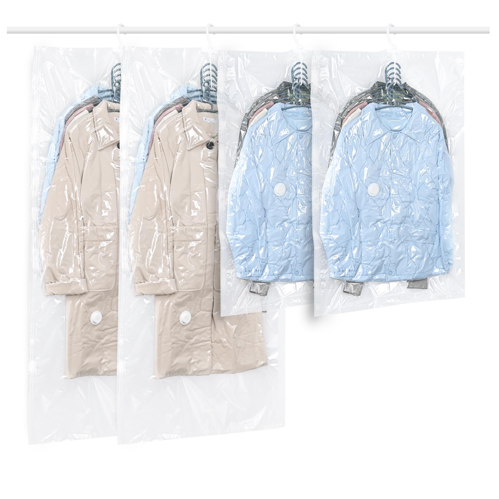 QH7- Sacchetti sottovuoto vestiti da appendere, 4pezzi, Vacuum storage bags salvaspazio per vestiti, organizer per armadio, Sacchetti vestitii trasparente e riutilizzabile