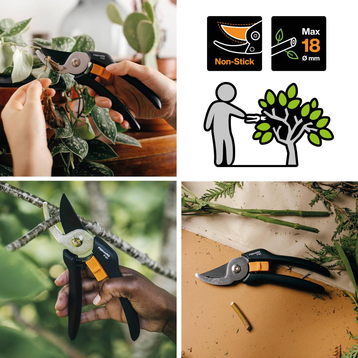 Fiskars Ergonomic Garten-Komplett-Set, 4-teilig, Unkrautstecher, Hacke, Blumenkelle und Gartenschere, Für Unkrautentfernung, Bodenbearbeitung und Pflanzenpflege, Schwarz/Orange, 1082770