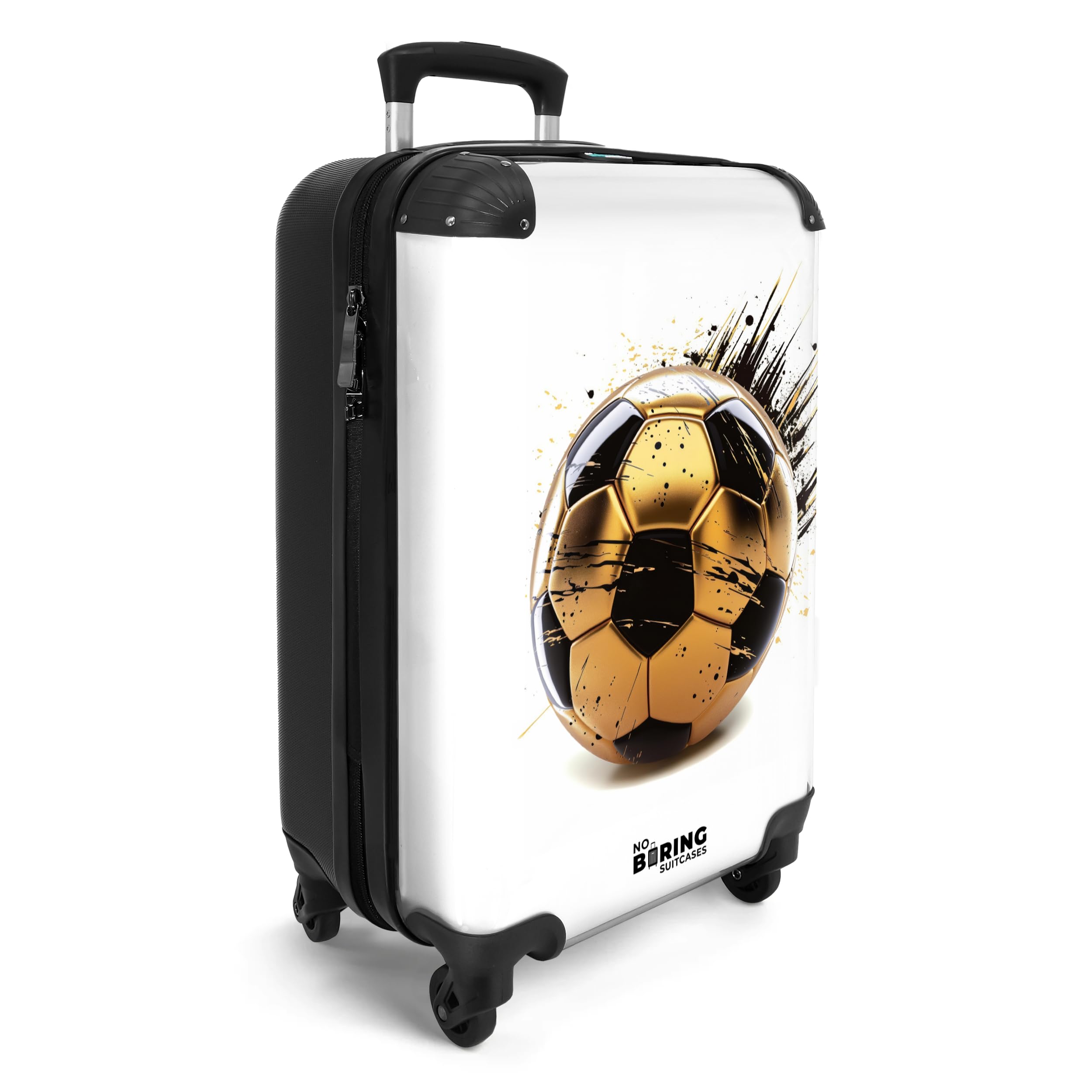 NoBoringSuitcases.com Maleta Infantil con Ruedas, Trolley de Cabina para Niños, Equipaje de Mano - Diseño Balón de Fútbol Dorado y Blanco (55x40x20 cm)