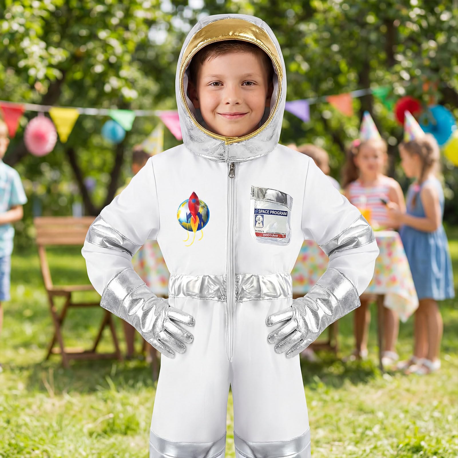 Meriviva Kids Astronaut Costume, Space Costume Kids Set including Jumpsuit Helmet Gloves ID Card - Image 2