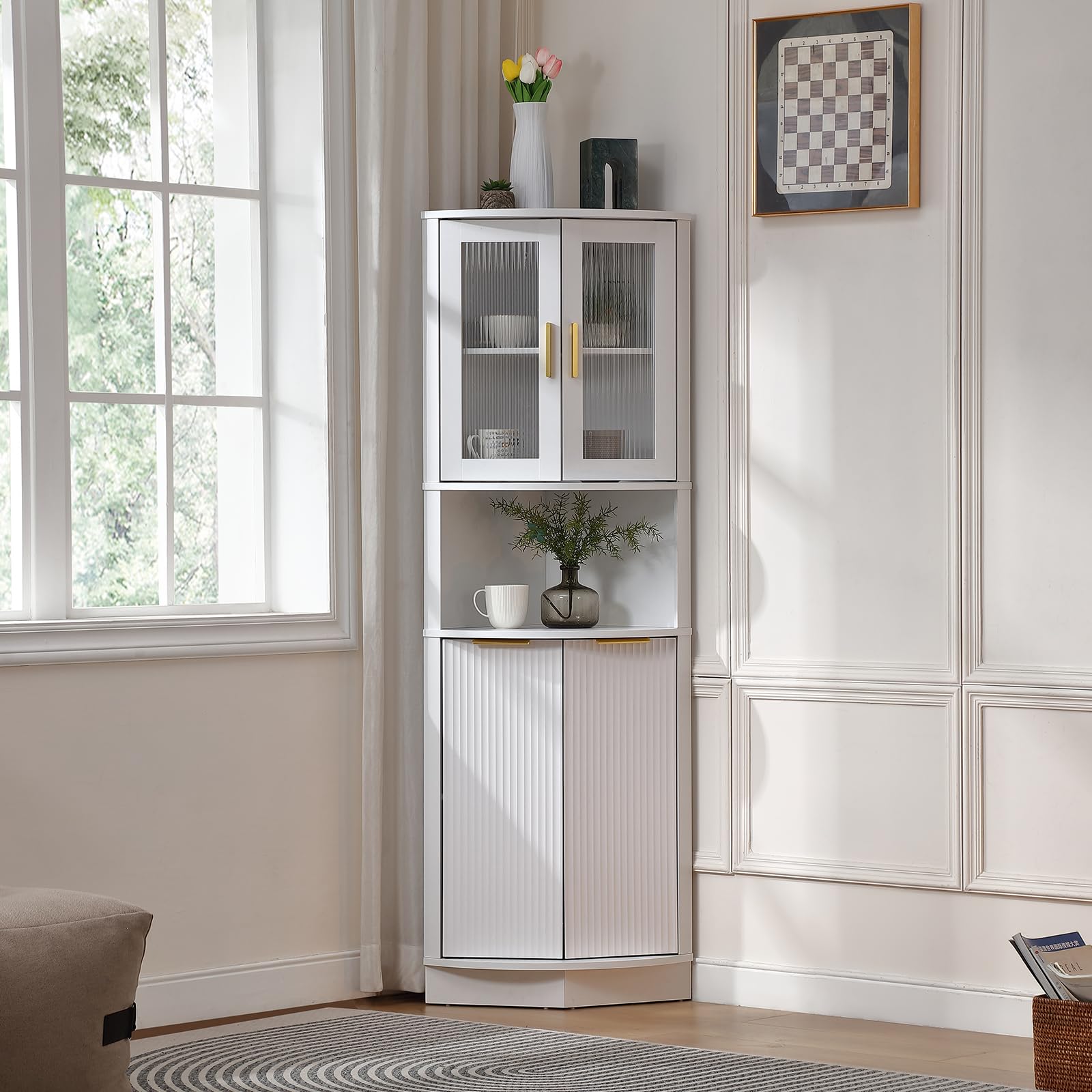 FOREST GRAVITY Hoher Badezimmer-Eckschrank Schlanker Wohnzimmer-Esszimmer-Aufbewahrungsschrank Corner Cabinet Möbel Schmaler Schrank mit Schublade Verstellbare Einlegeböden 73.5 * 164 cm Weiß