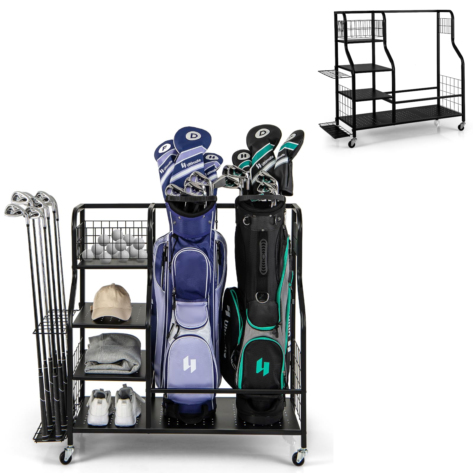 COSTWAY Organizer per Sacca da Golf, Supporto per 2 Borse da Golf con Extra Scaffale di Stoccaggio per Mazze da Golf, 6 Ganci Rimovibili e 4 Ruote per Garage e Club