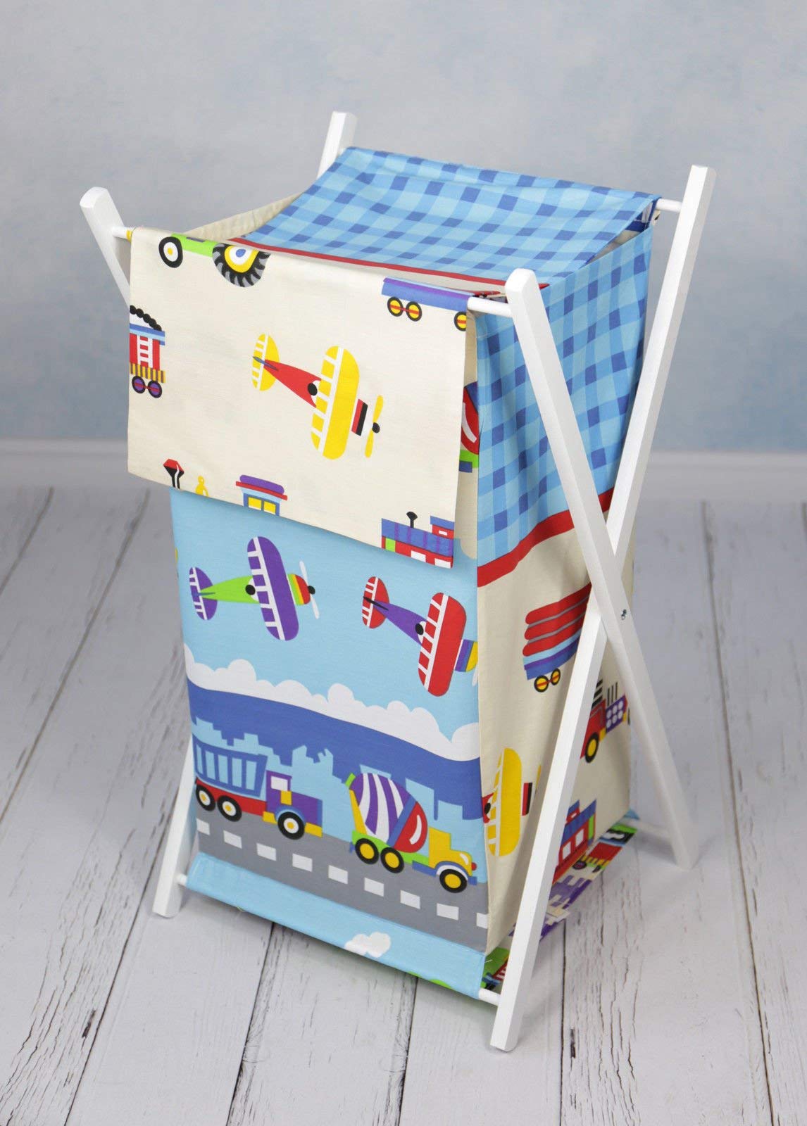 Babymam Trucks Baby Laundry Basket Nursery Hamper Bag Storage Bin With Removable Linen 70 Litre White Frame (Trucks)