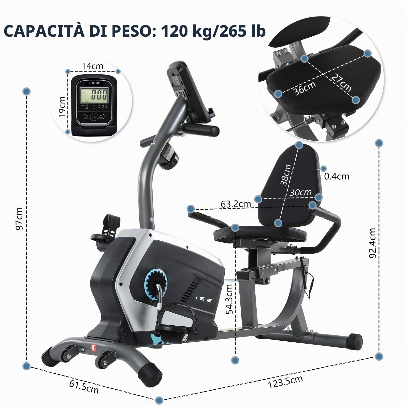 ISE Cyclette da Seduta Magnetica con Schienale, Cyclette Orizzontale da Casa con Resistenza Regolabile Schermo LCD Supporto per Smartphone