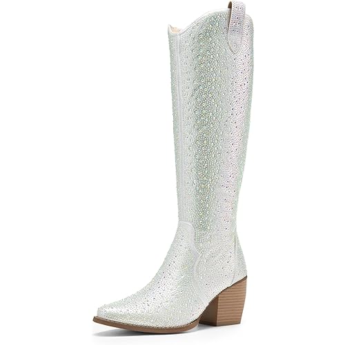 DREAM PAIRS Womens Cowboy Boots, Comfortable Pull On Zipper Chunky Heel Pointed Toe Embroidered Western Cowgirl Knee High Boots