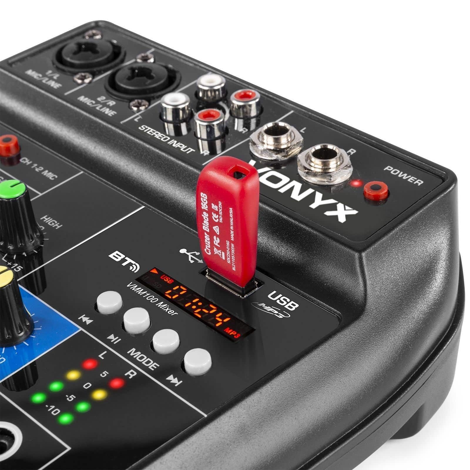 Vonyx VMM100 Mezclador Audio con USB, bluetooth, display, efecto delay, ecualizador de 2 bandas, 2 entradas de micro XLR/Jack, phantom +48v, entrada estéreo, ideal para pequeños eventos o fiestas