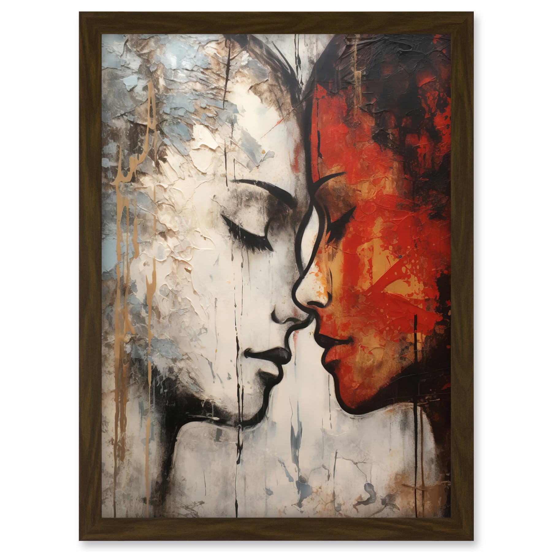 Artery8 Affection Thick Paint Oil Painting Red Bold Blue Gay Lovers Emotional Connection Women Love Lesbian Artwork Framed A3 Wall Art Print