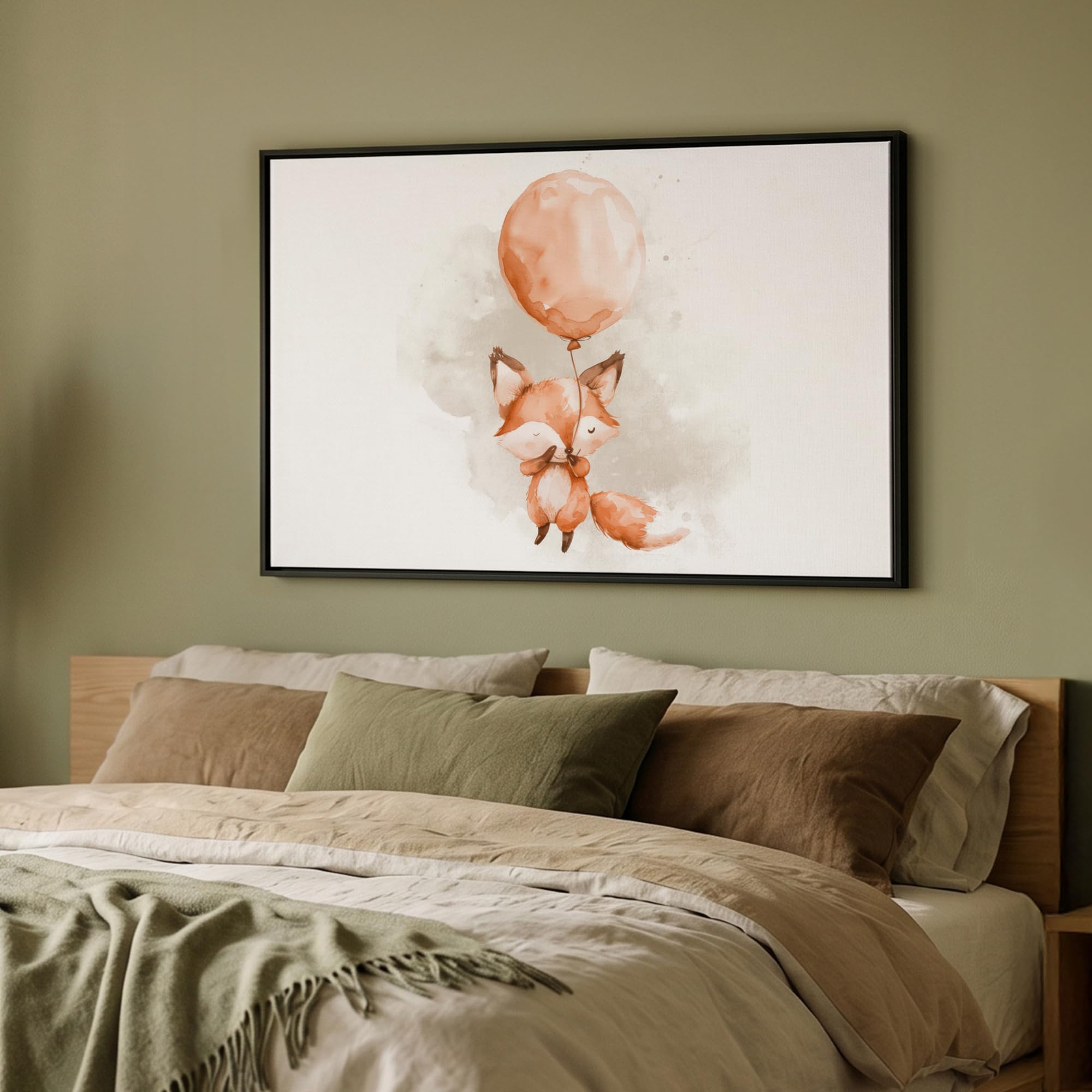 OnlyWow© Bilder Mit Rahmen Für Wohnzimmer 90x60 cm Leinwandbilder Wall Art Decoration Wand Schlafzimmer Deko Canvas Painting Fuchs - Luftballon - Aquarell - Kinder - Mädchen