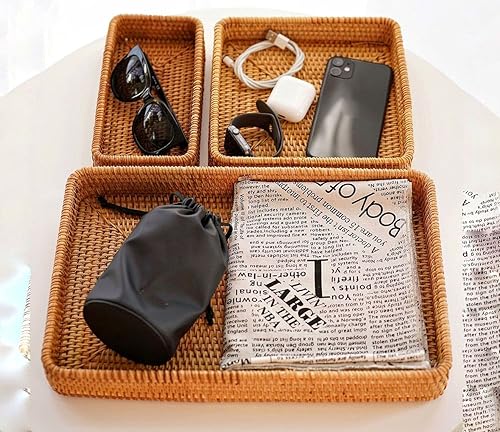 Miniatura 3 de ChezMax Cesta de ratán organizadora de almacenamiento cestas de mimbre organizador rectangular soporte para toallas de invitados para baño,