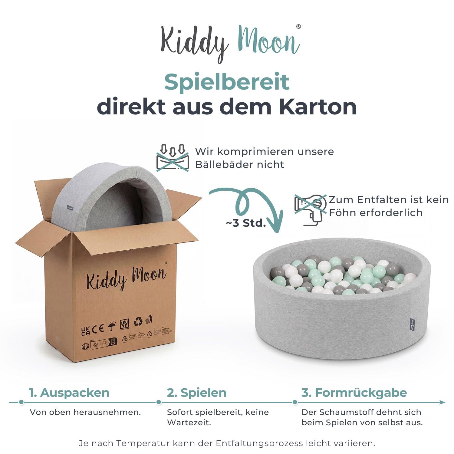 KiddyMoon Bällebad 90X30cm/200 Bälle ∅ 7Cm Bällepool Mit Bunten Bällen Für Babys Kinder Rund, Hellgrau:Weiß/Grau/Minze