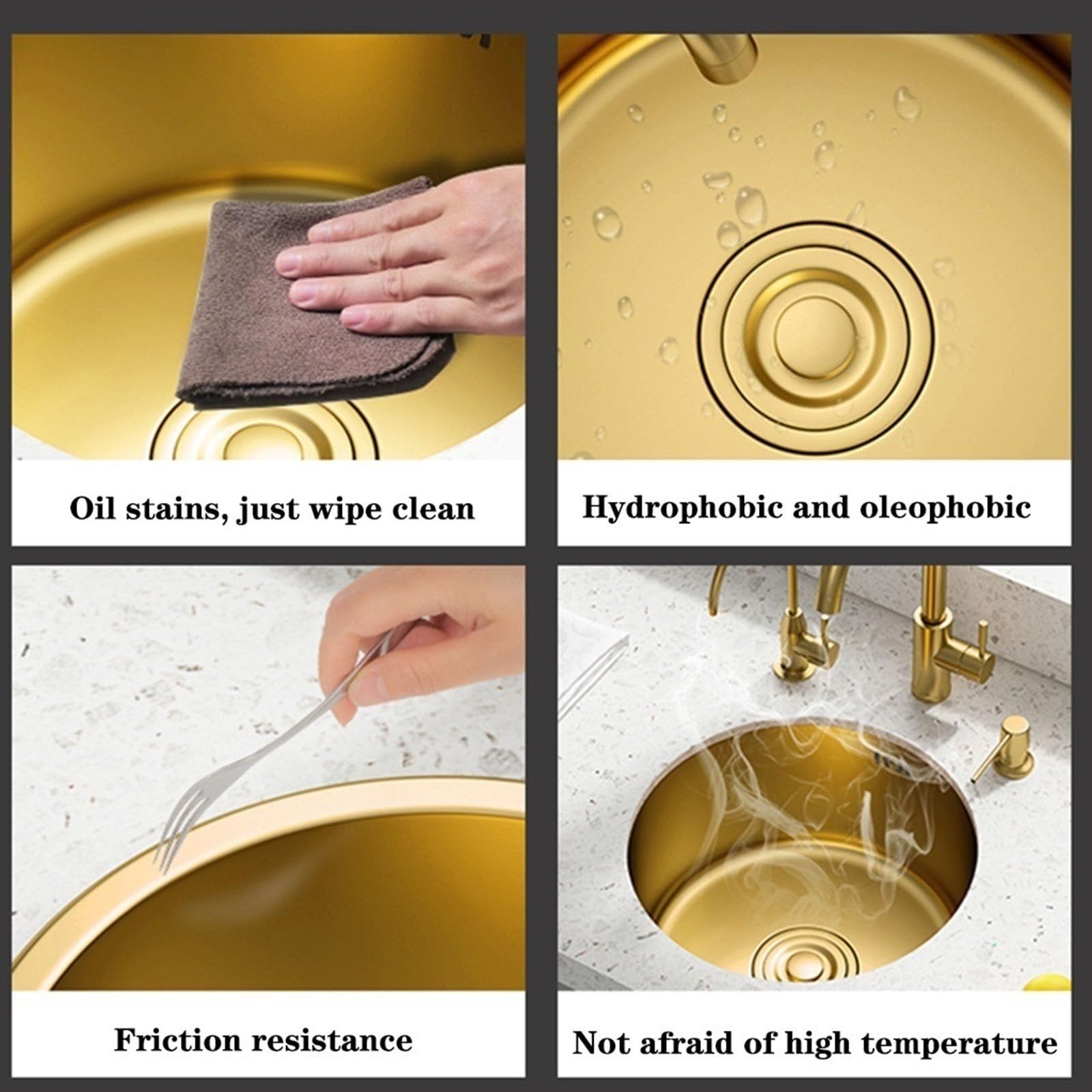 Cocina que ahorra espacio mini lavabo con sifón para autocaravanas dorado, fregadero redondo de cocina para el mostrador de la barra de acero inoxidable para el hogar, fregadero de agua (dorado, 32 x