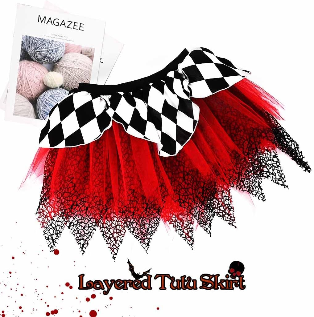 REETAN Red Black Tulle Tutu Skirt Layered Skirts Rave Outfit Halloween Costume for Women