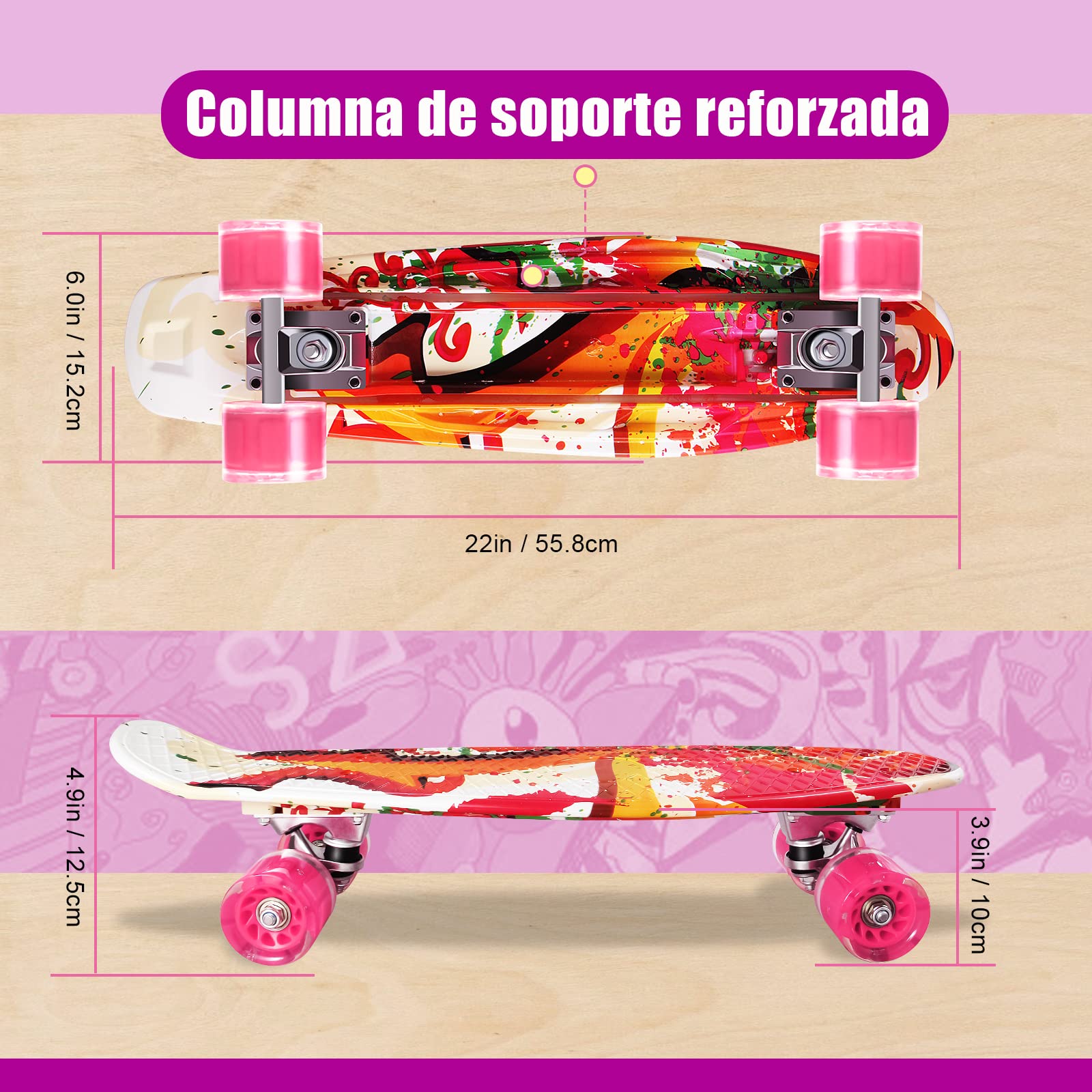 Monopatín Skateboard Completo Niños con 4 Ruedas LED para Niño y Niña Penny Board Mini Cruiser de 55CM con Herramienta T de Patinete Todo-en-uno