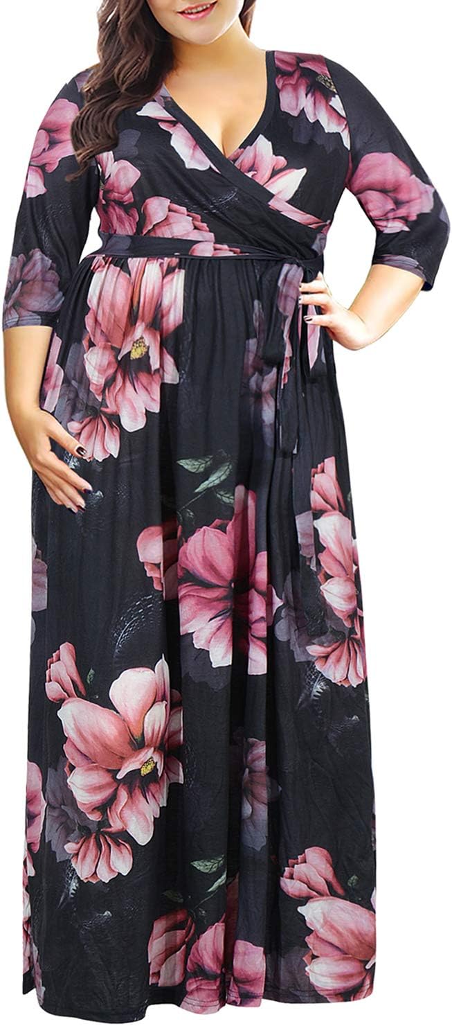Nemidor Womens Casual V-Neck 3/4 Sleeve Plus Size Long Maxi Dress with Pockets NEM170