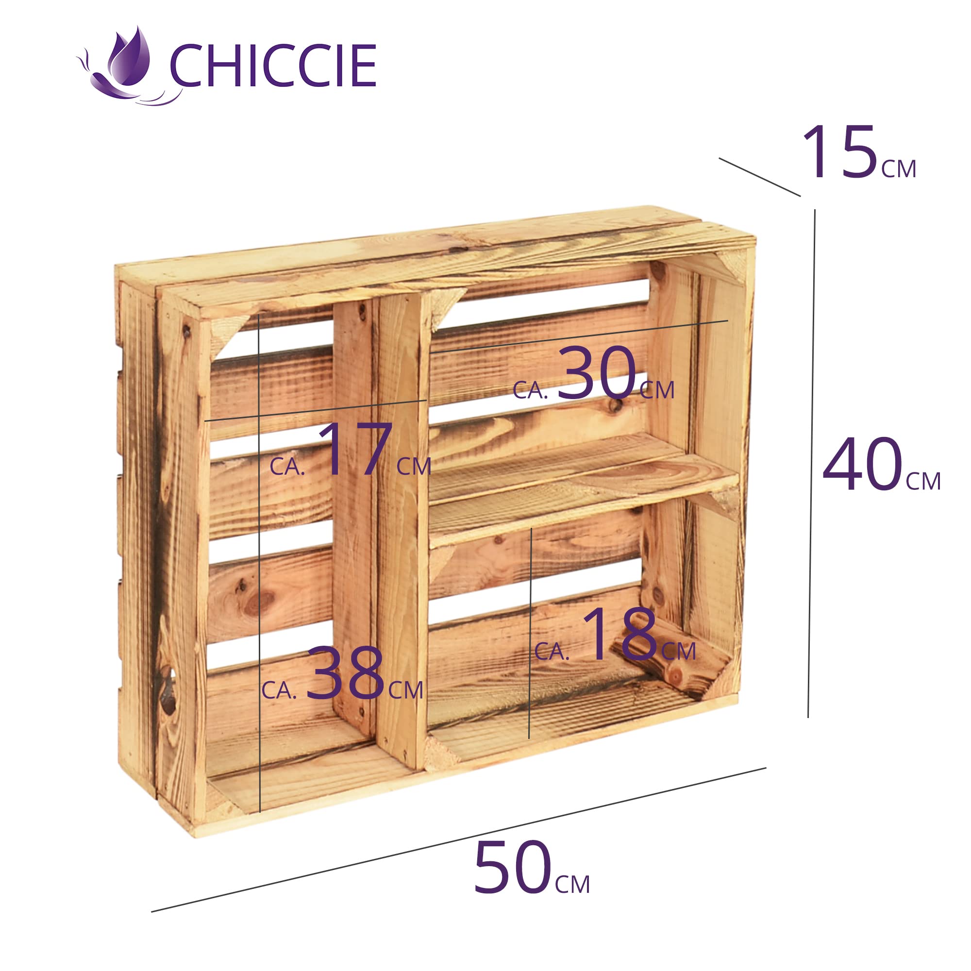 4 Set Holzregal Schmalhanz 50x40x15cm - Hell Geflammt T Regal