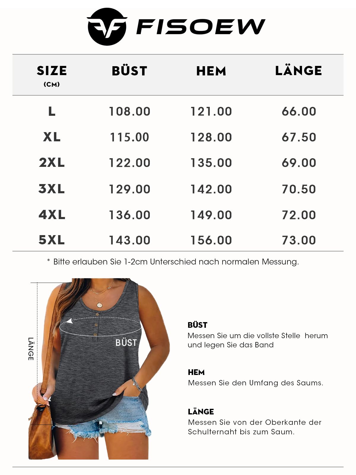 Fisoew Débardeur pour femme - Grandes tailles - Sans manches - Col en U - T-shirt surdimensionné - Avec bouton