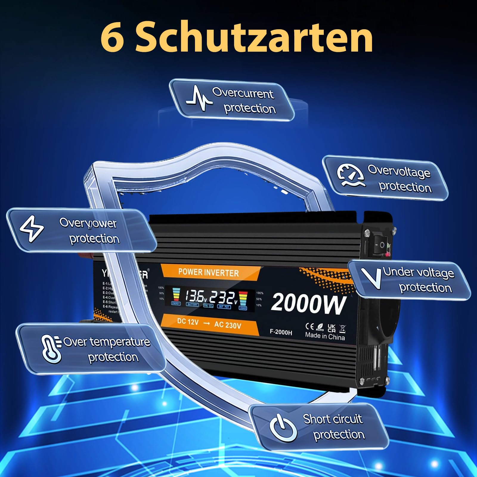 Yinleader inverter 12v 220v Onda sinusoidale modificata Convertitore 900W 2000W trasformatore di tensione LCD USB - Nero